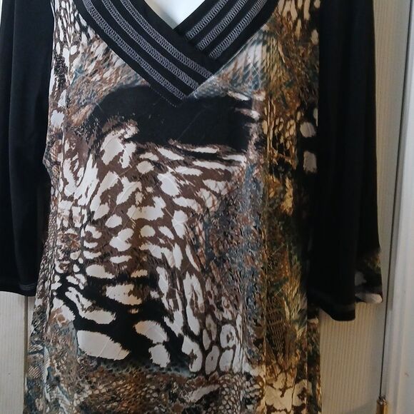Libra multi print tunic black white tan  blouse Sz XL - Picture 4 of 9